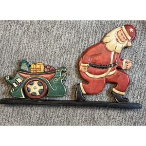 Vtg Christmas Folk Art Santa Sleigh Display Hand Carved Wood Painted 22" Decor